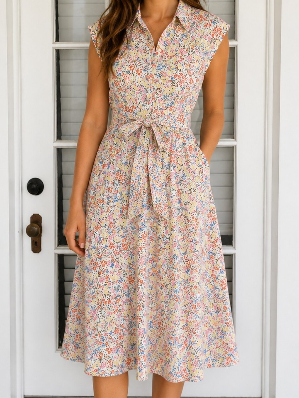LOFT Ditsy Floral Tie-Waist Midi Dress 8 Petite Loft Vintage Farm Core Lined